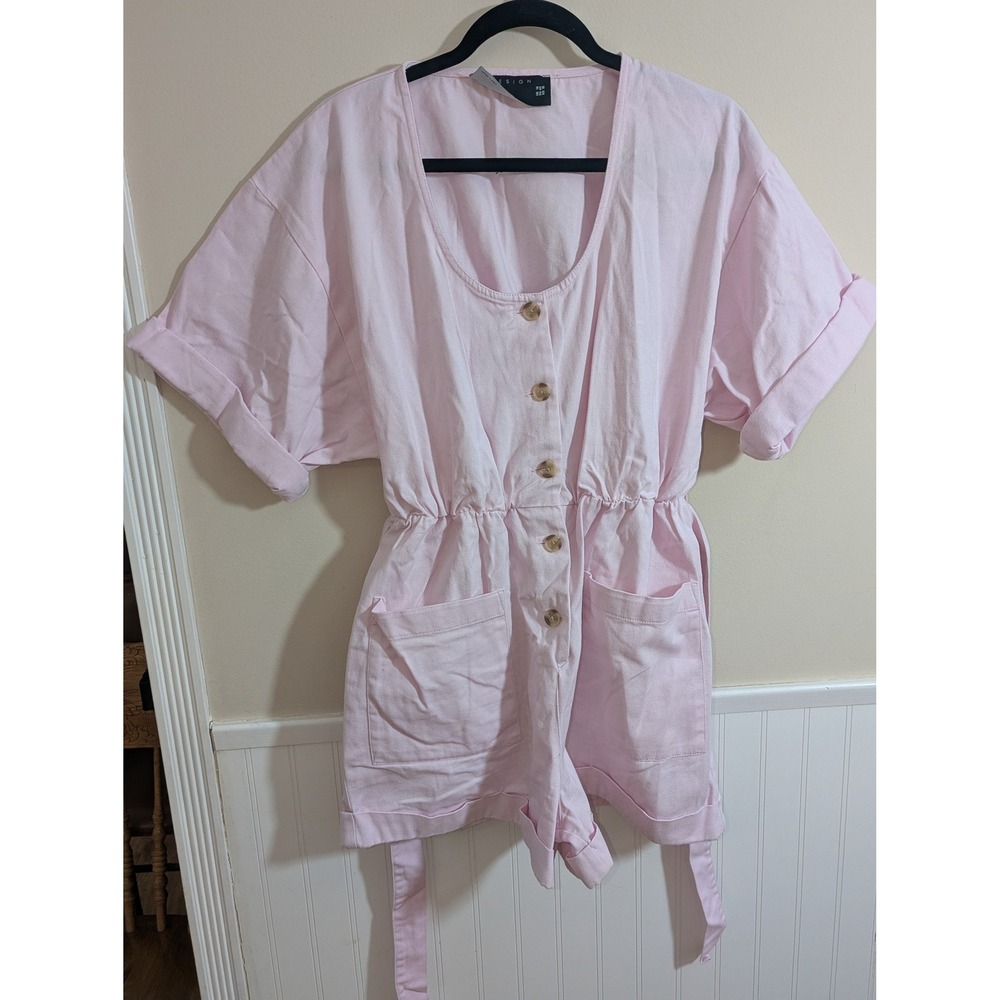 ASOS Design Romper Womens 10 Pink Button Front Tie Waist Utility Pocket Spring‎